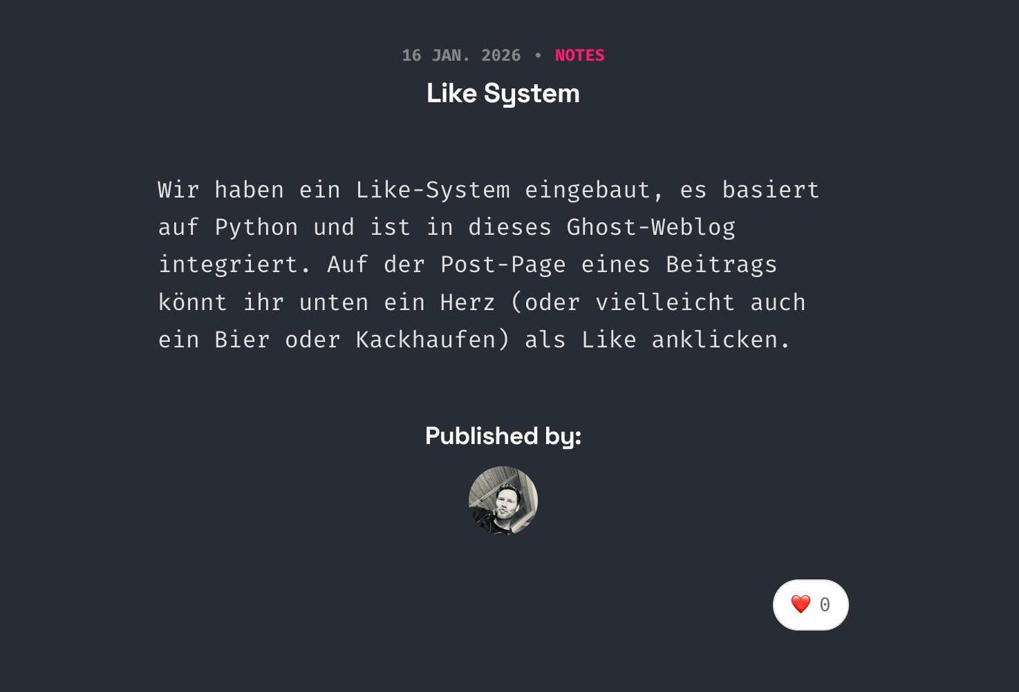 Meine Website mit Like-Herz im Darkmode