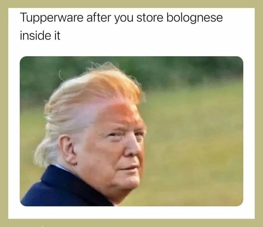 It's Donald Trump with yellow hair. The picture says: Tupperware after you store bolognese inside it.